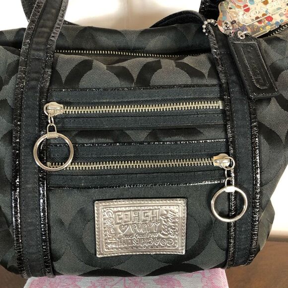 Coach Womens Poppy Op Art Glam Jacquard Tote Purse Shoulder Bag Black Medium - Picture 1 of 8